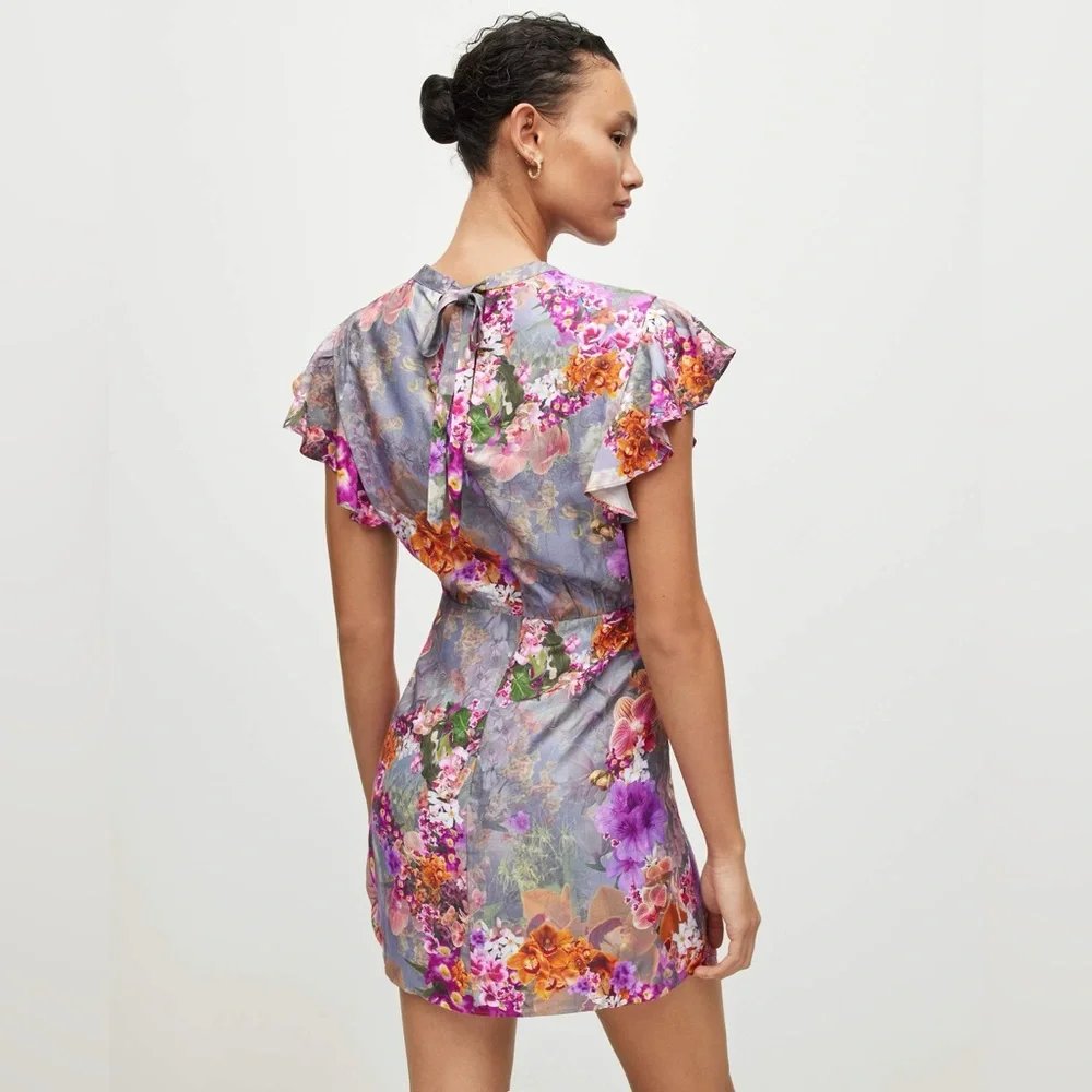 AllSaints Jemille Lucia Silk-Blend Mini Dress size 10 floral high neck sexy - Picture 4 of 12